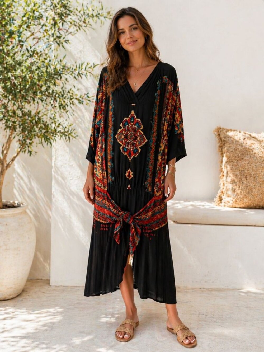 Carole Little Size 10 Vintage Multicolor Boho Midi Dress With Tie Waist Beads - Picture 6 of 12